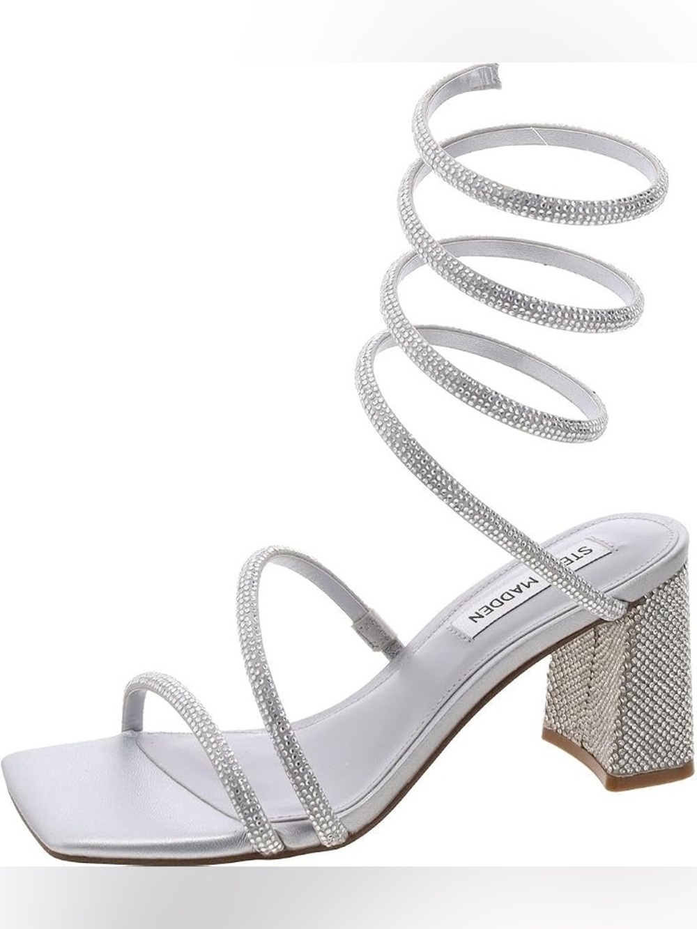 Steve Madden Silver Crystal Spiral-Strap Block Heel Sandal